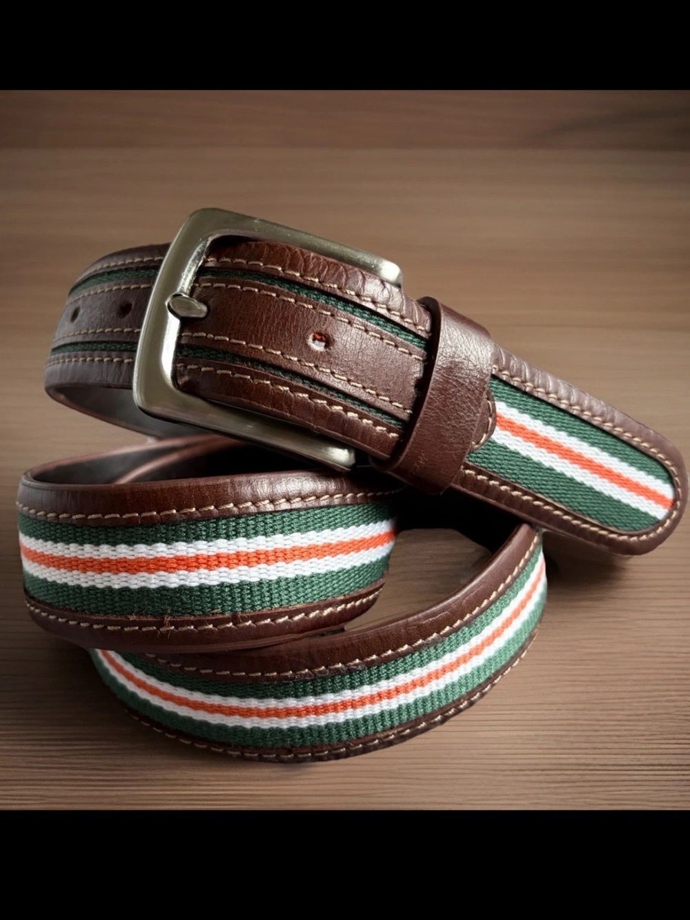JACK MASON Belt Mens Size 42 University Miami Tailgate Leather Canvas Striped